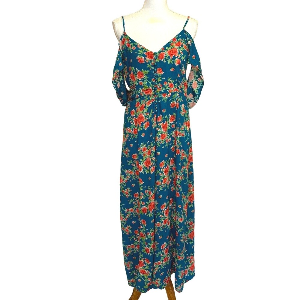 J Gee Floral Maxi Dress Teal Red Boho Smocked Back Small, romantic, vacation